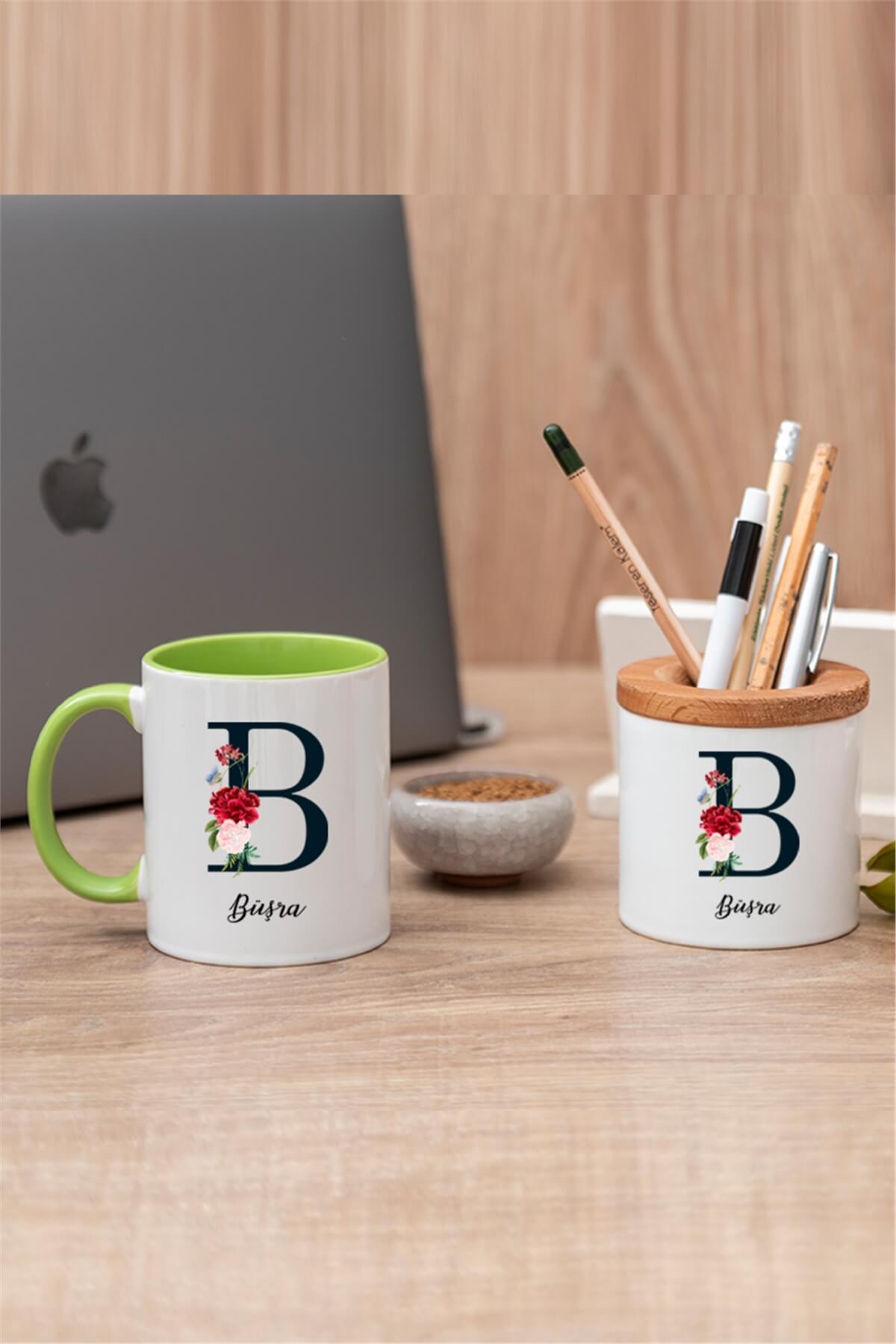 Baş Harfli ve İsimli Renkli Kupa Bardak ve Kalemlik