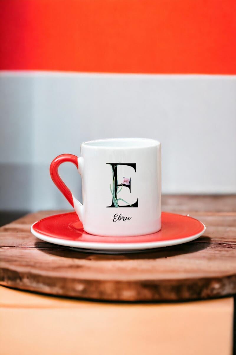 Baş Harfli Yaprak Tasarım Renkli Türk Kahvesi Fincanı