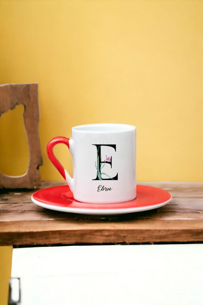 Baş Harfli Yaprak Tasarım Renkli Türk Kahvesi Fincanı