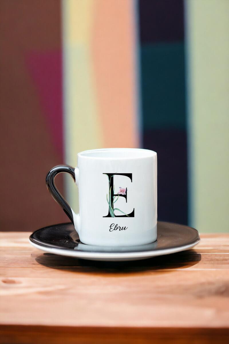Baş Harfli Yaprak Tasarım Renkli Türk Kahvesi Fincanı