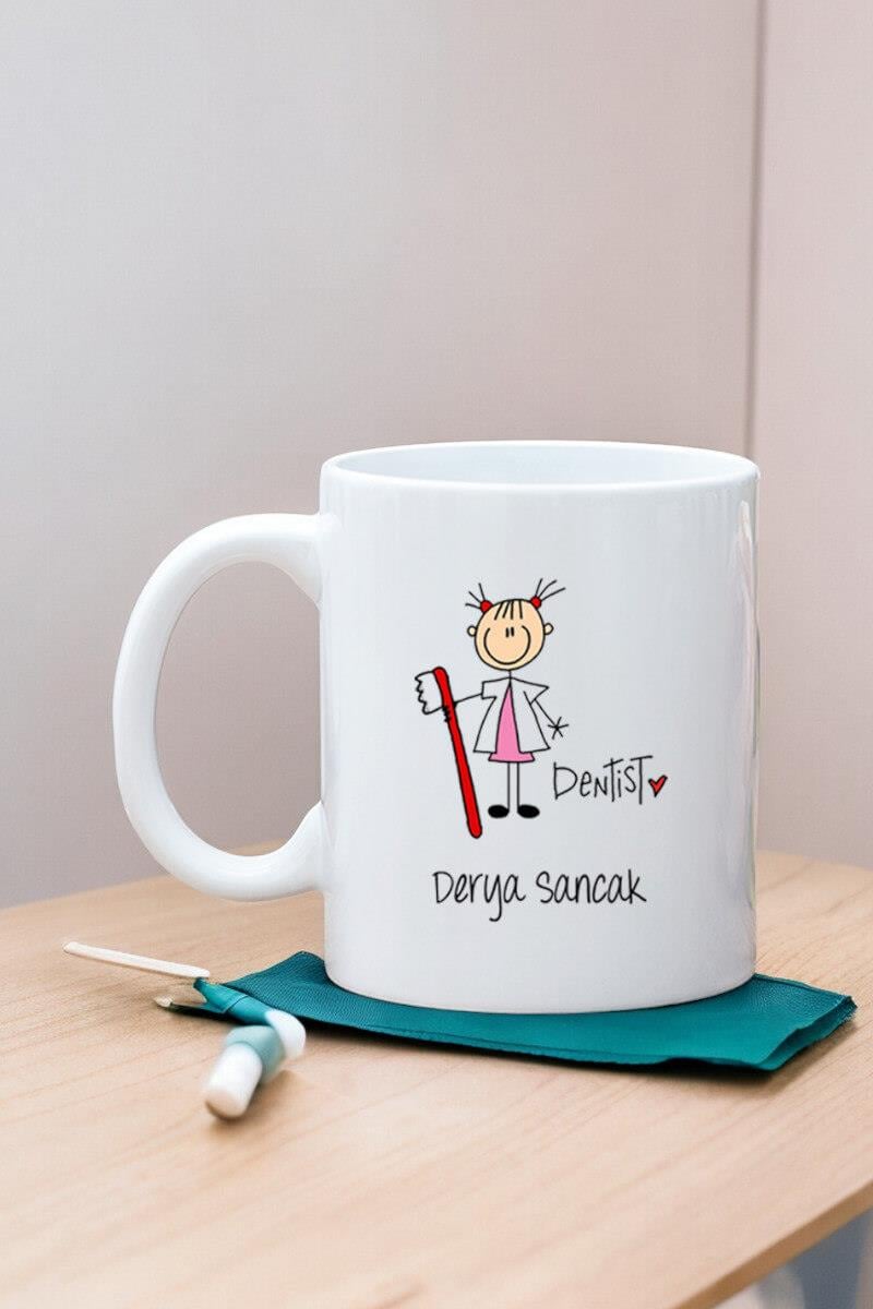 Bayan Diş Hekimi Karikatürü Beyaz Kupa Bardak