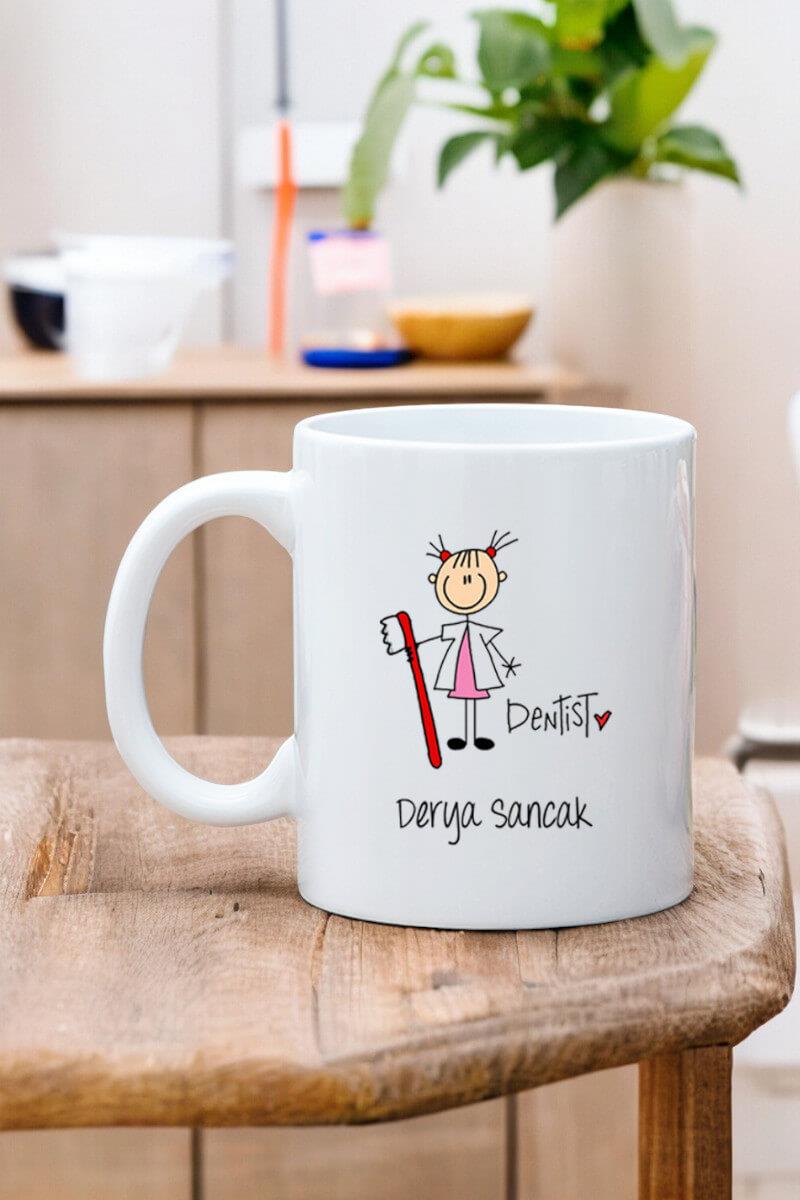 Bayan Diş Hekimi Karikatürü Beyaz Kupa Bardak