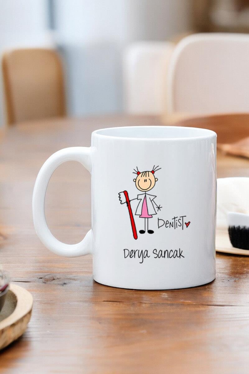 Bayan Diş Hekimi Karikatürü Beyaz Kupa Bardak