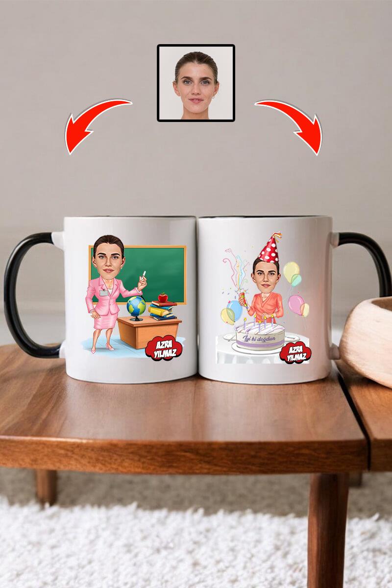 Bayan Öğretmene Doğum Günü Hediyesi Karikatürlü Kupa Bardak