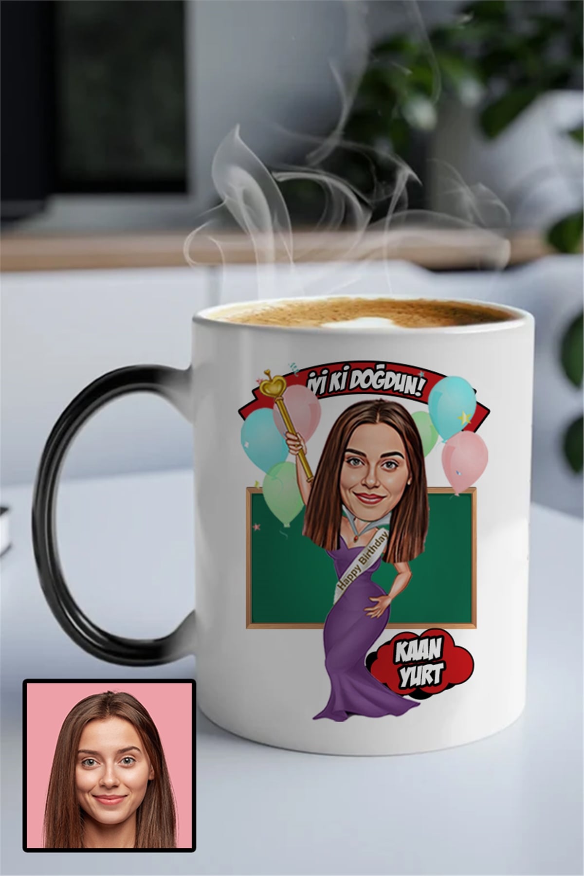 Bayan Öğretmene Doğum Günü Hediyesi Karikatürlü Sihirli Kupa Bardak