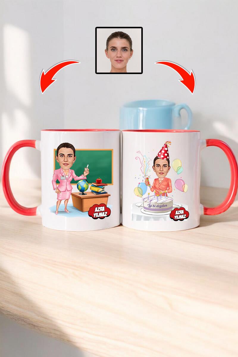 Bayan Öğretmene Doğum Günü Hediyesi Karikatürlü Kupa Bardak