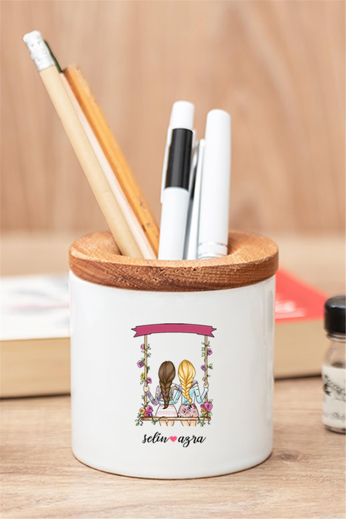 Best Friends Salıncak Tasarım Ahşap Kapaklı Kalemlik