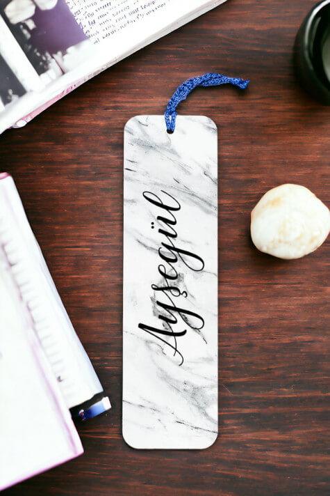 Beyaz Mermer Desenli İsimli Metal Kitap Ayracı