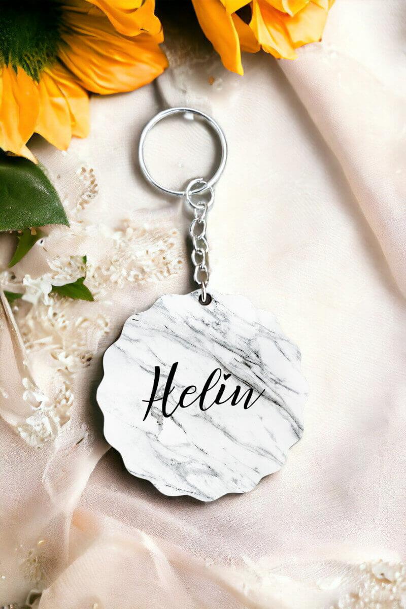 Beyaz Mermer Tasarım Arkaplanlı İsme Özel Anahtarlık