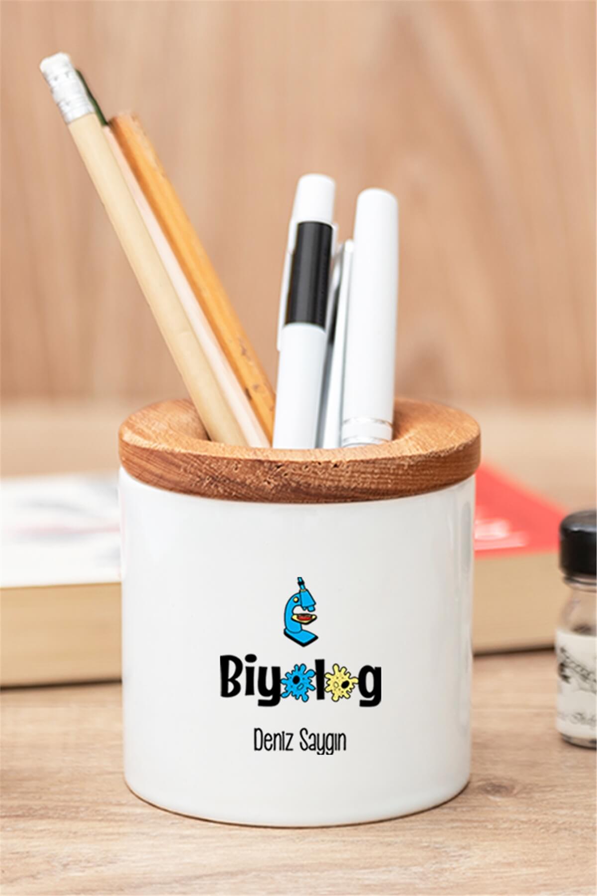 Biyolog Ahşap Kapaklı Kalemlik