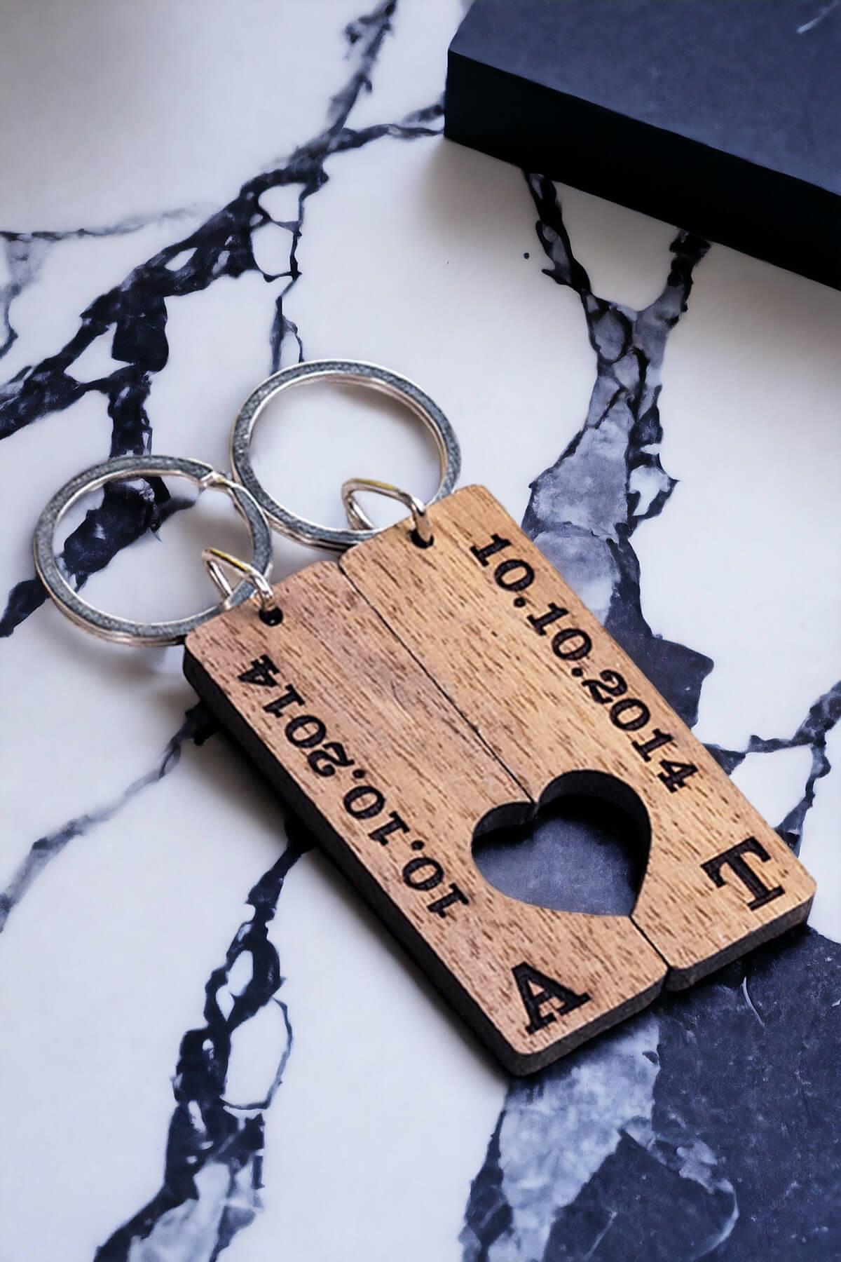 Sevgiliye Hediye Dikdörtgen Tasarım İkili Anahtarlık