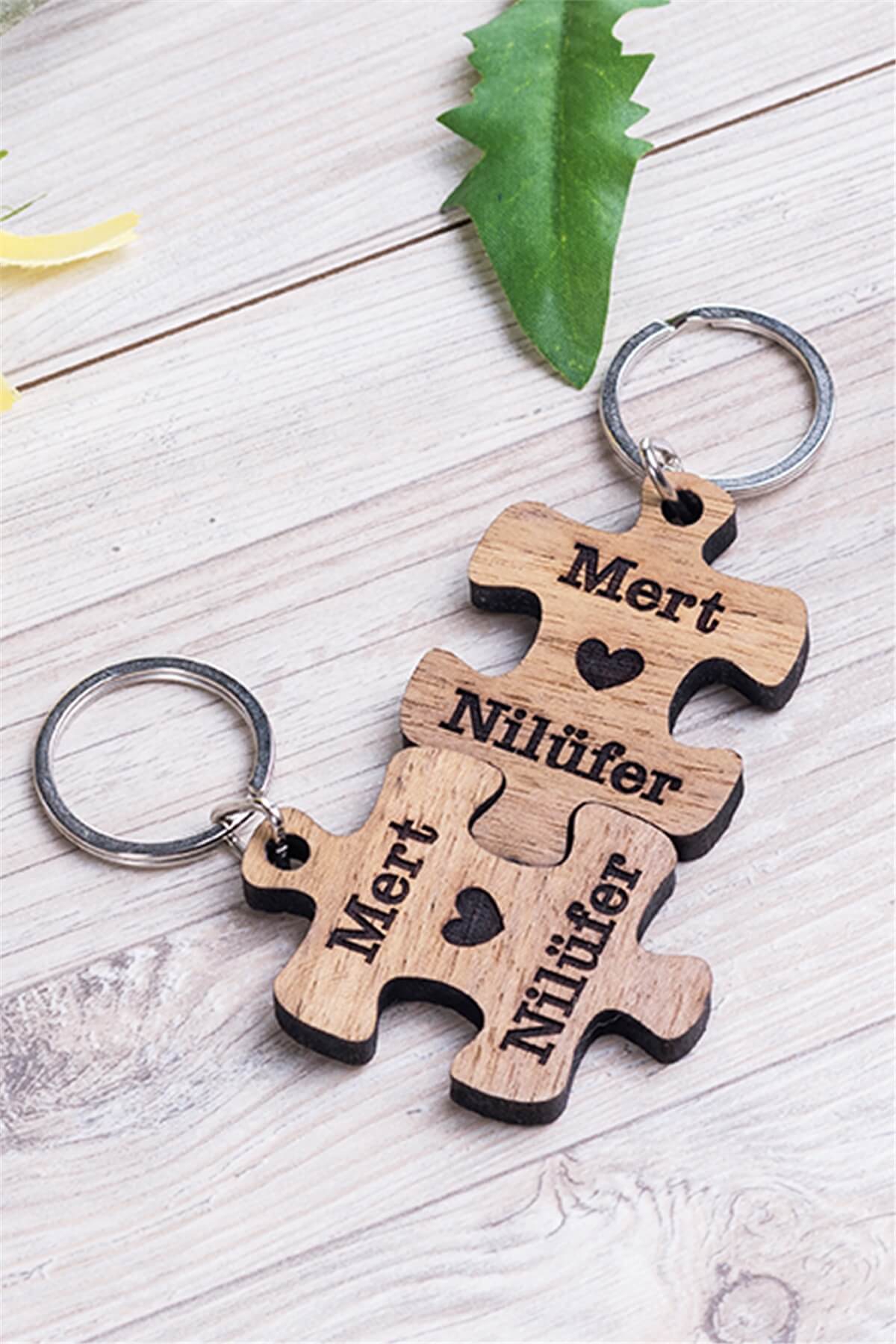 Çiftlere Özel Puzzle Tasarım İkili Ahşap Anahtarlık