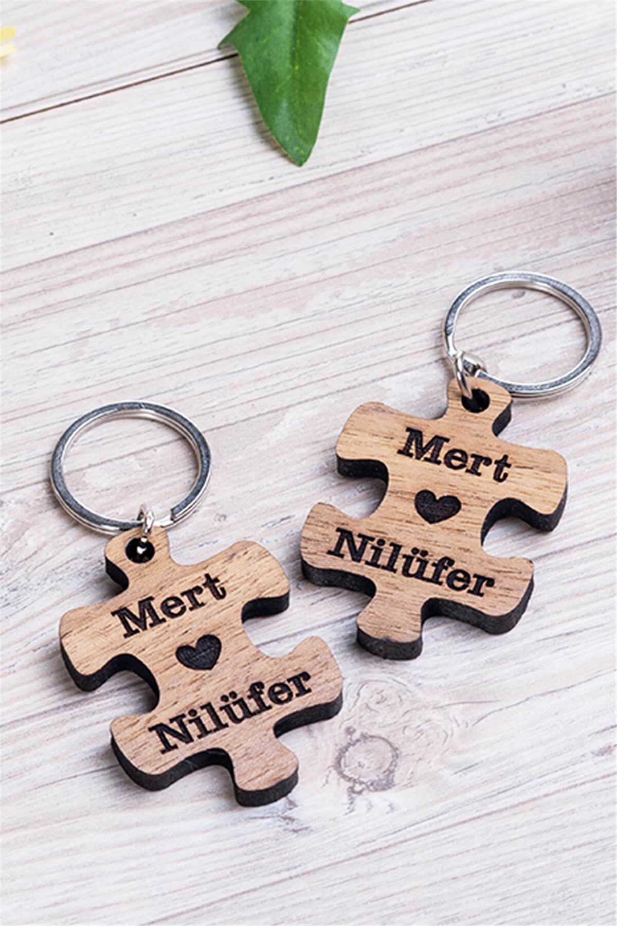 Çiftlere Özel Puzzle Tasarım İkili Ahşap Anahtarlık
