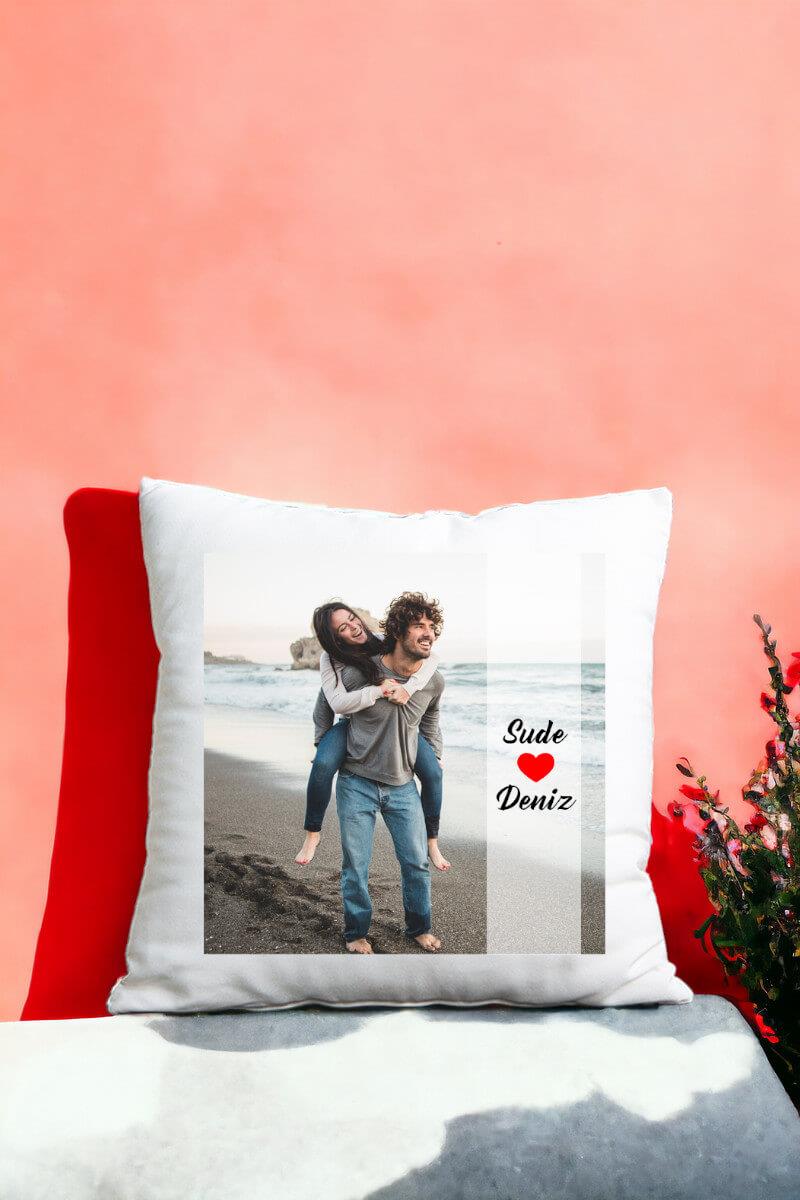 Çiftlere Özel Fotoğraf Baskılı Saten Kare Yastık