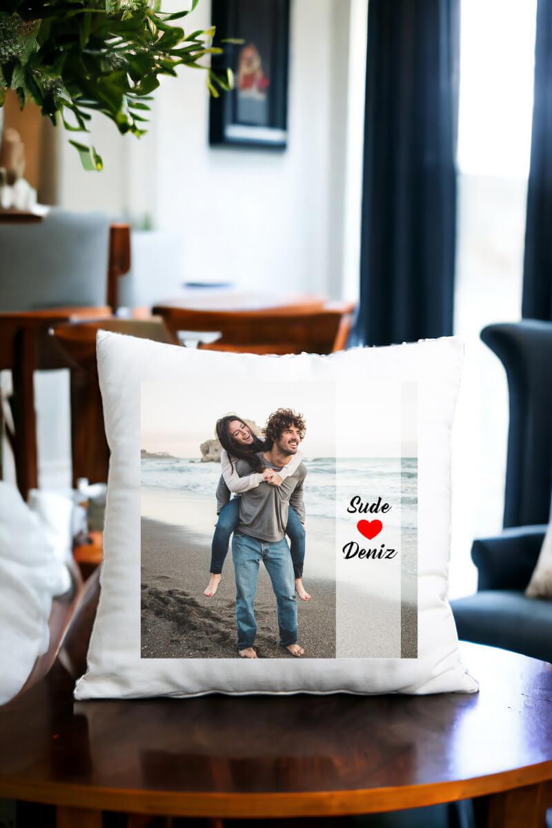 Çiftlere Özel Fotoğraf Baskılı Saten Kare Yastık