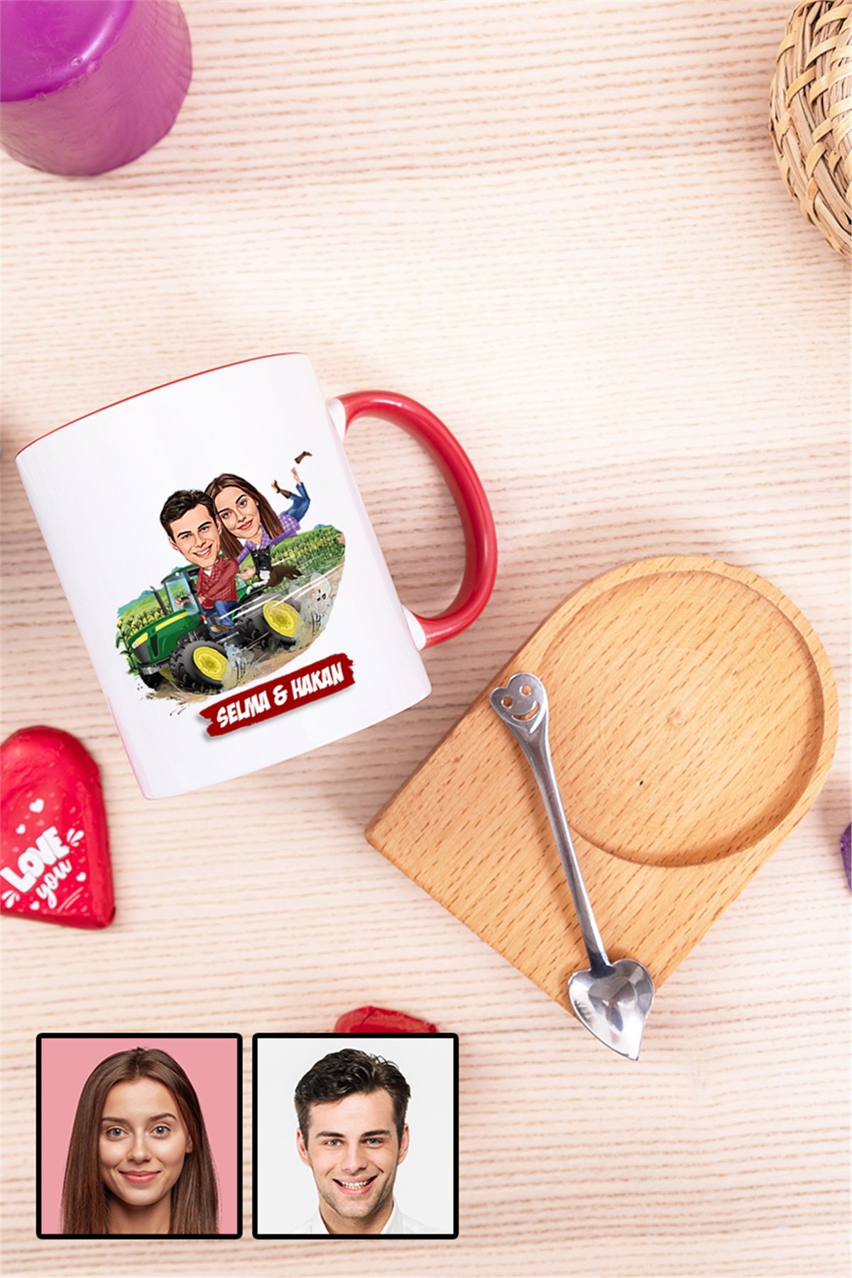 Çiftlere Özel Hediye Traktör Temalı Karikatürlü Ahşap Altlıklı İçi Renkli Kupa Bardak