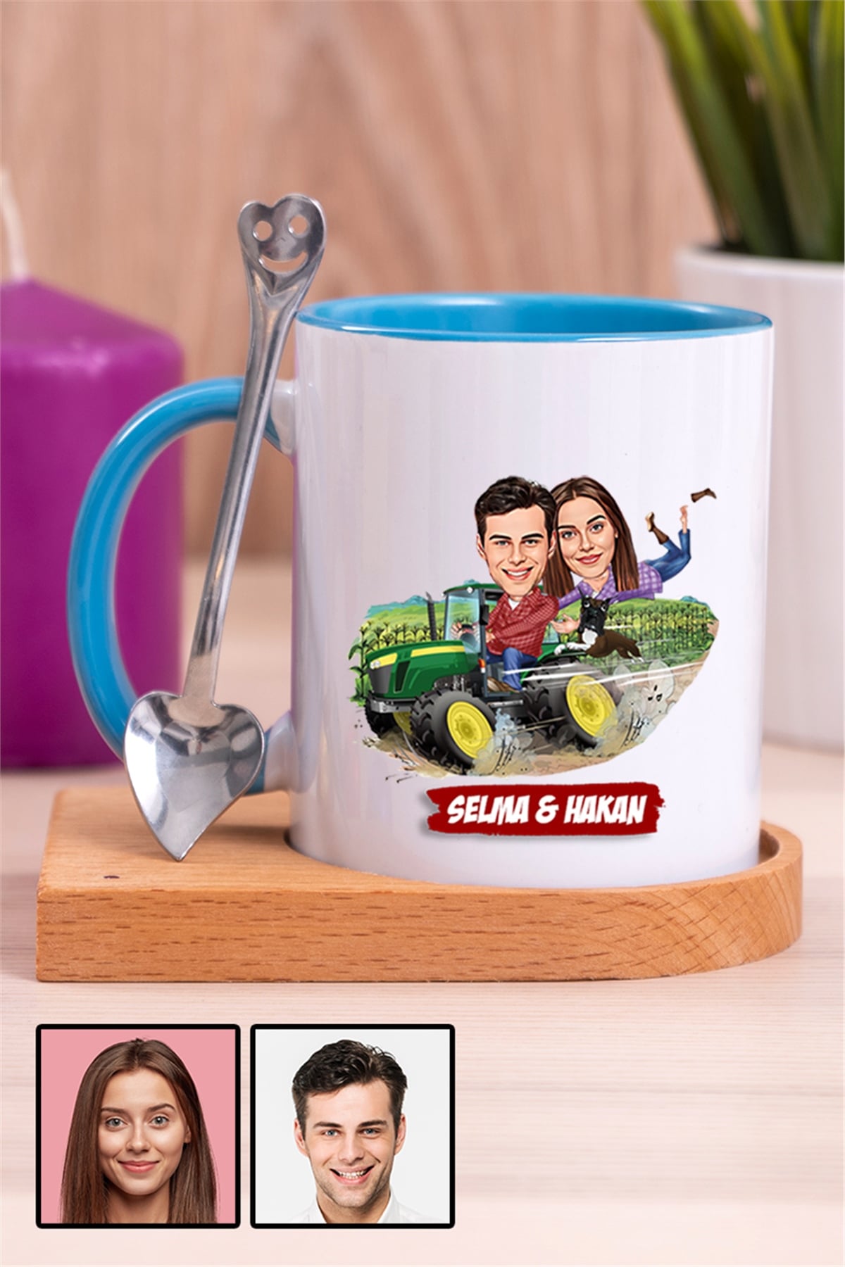 Çiftlere Özel Hediye Traktör Temalı Karikatürlü Ahşap Altlıklı İçi Renkli Kupa Bardak
