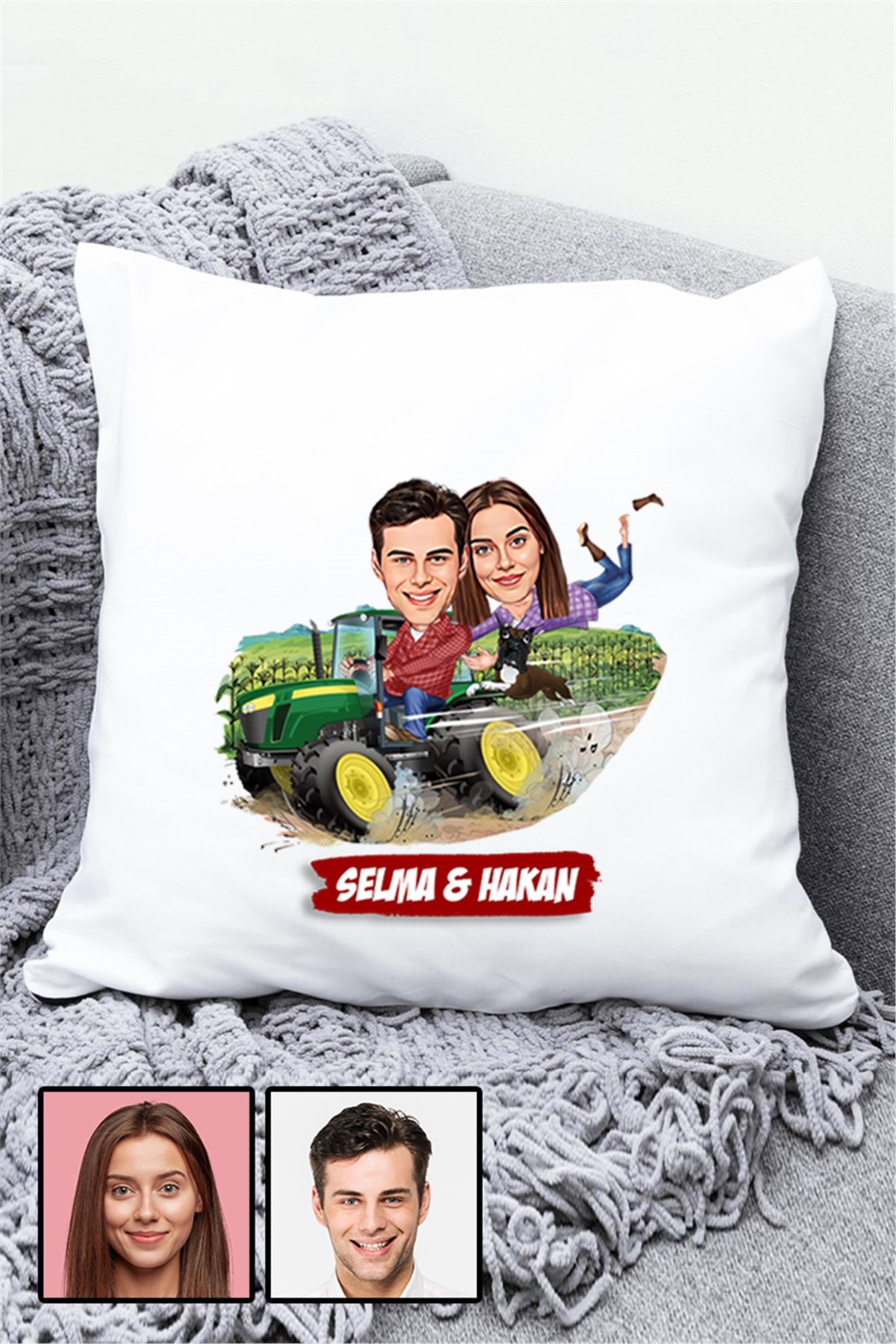Çiftlere Özel Hediye Traktör Temalı Karikatürlü Yastık