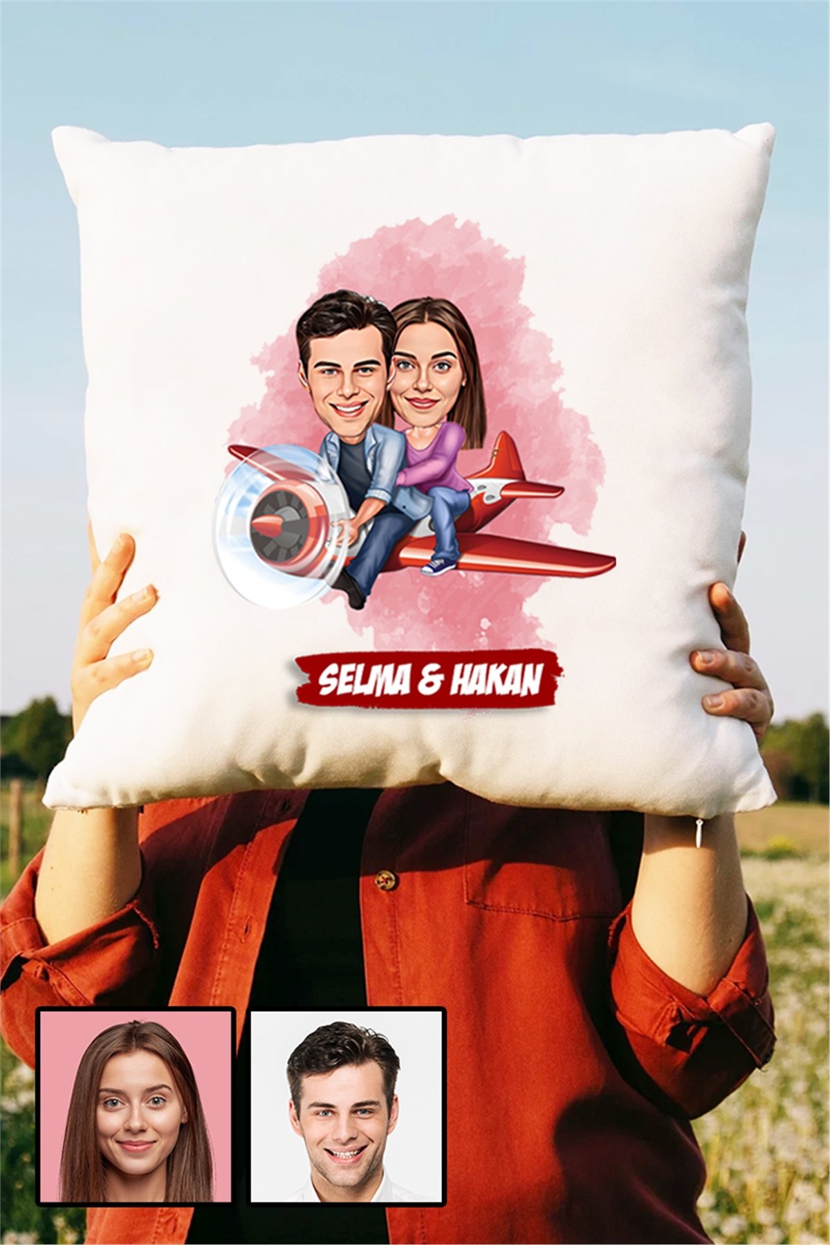 Çiftlere Özel Hediye Uçak Temalı Karikatürlü Yastık