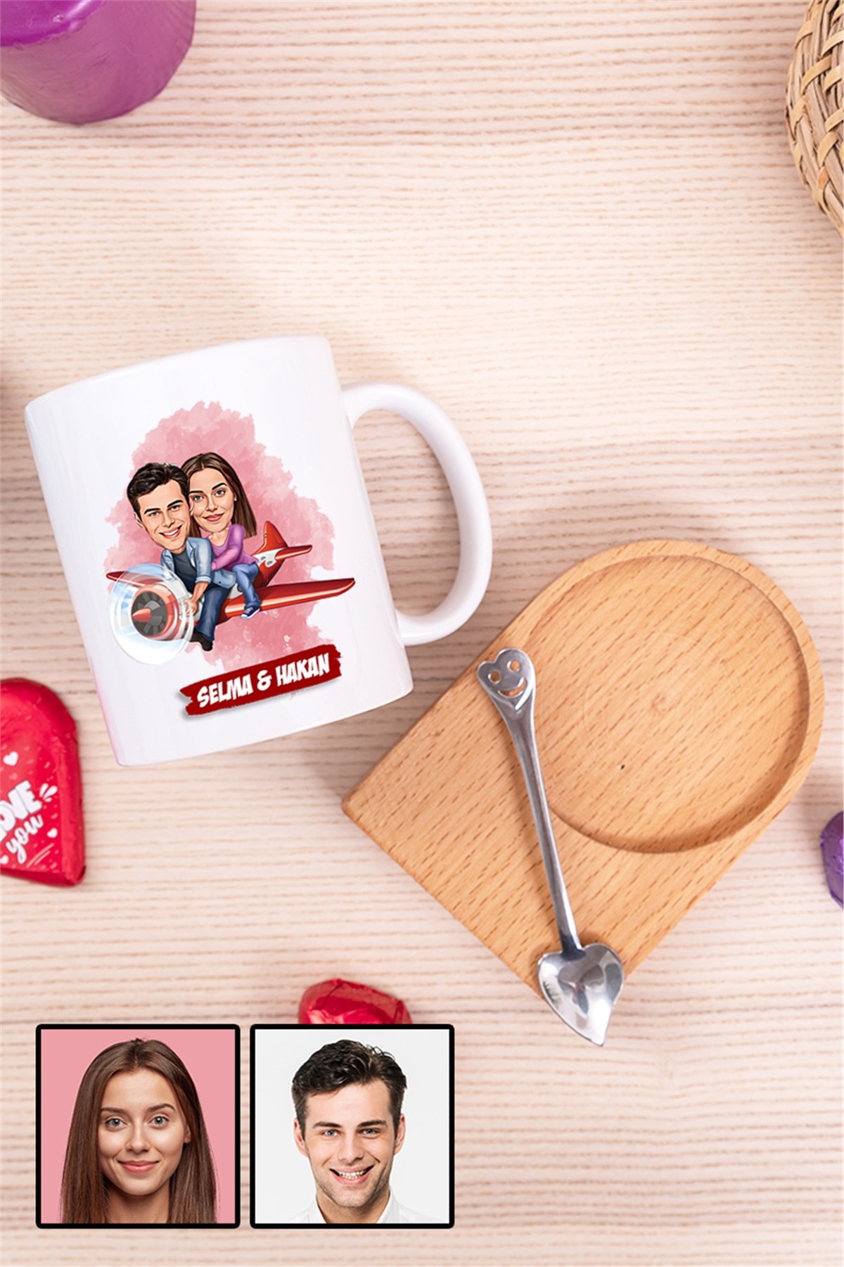 Çiftlere Özel Hediye Uçak Temalı Karikatürlü Ahşap Altlıklı Beyaz Kupa Bardak