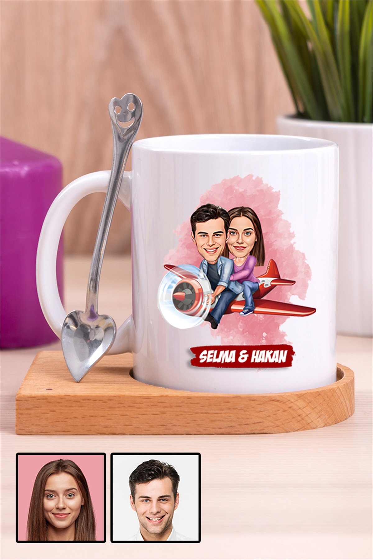 Çiftlere Özel Hediye Uçak Temalı Karikatürlü Ahşap Altlıklı Beyaz Kupa Bardak