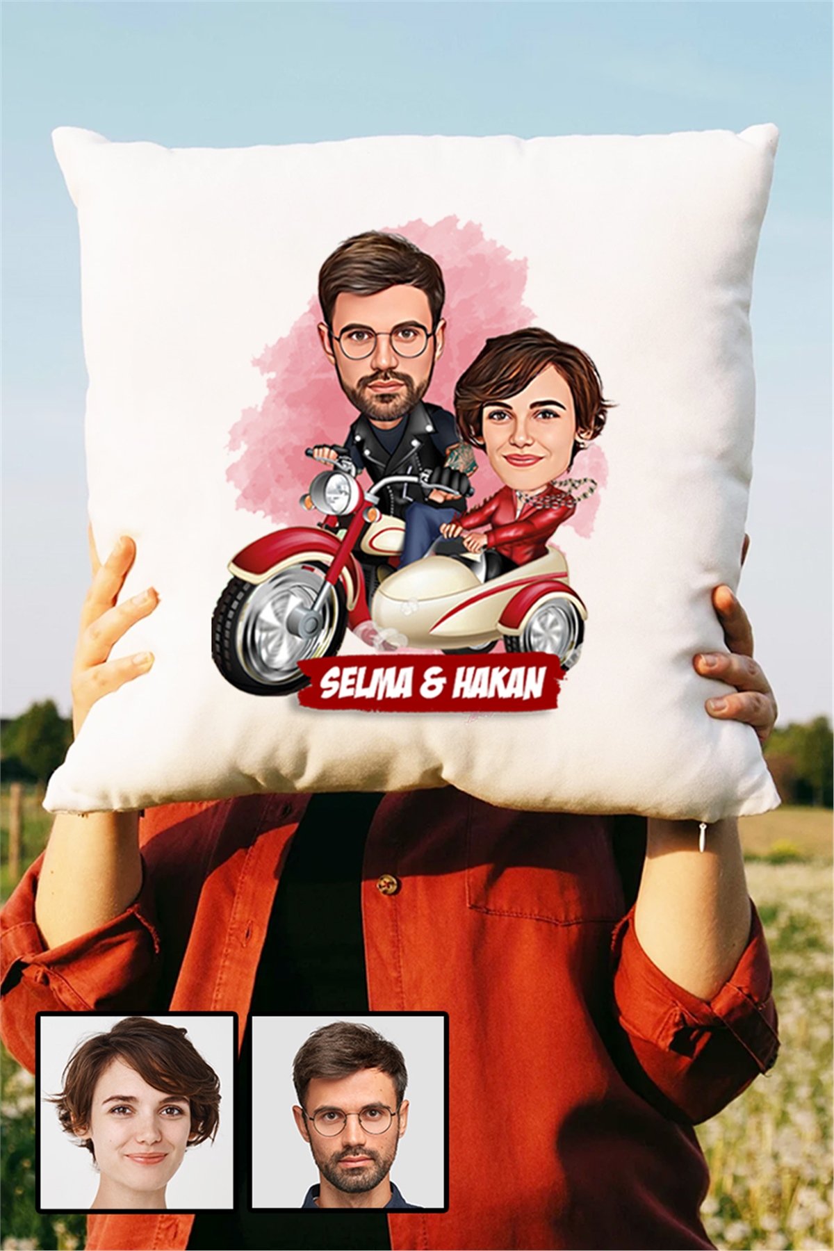 Çiftlere Özel İlginç Hediye Motorsiklet Temalı Karikatürlü Yastık