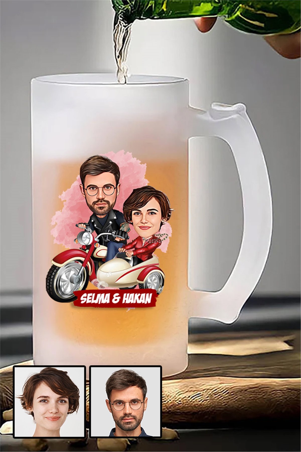 Çiftlere Özel İlginç Hediye Motorsiklet Temalı Karikatürlü Buzlu Cam Bira Bardağı