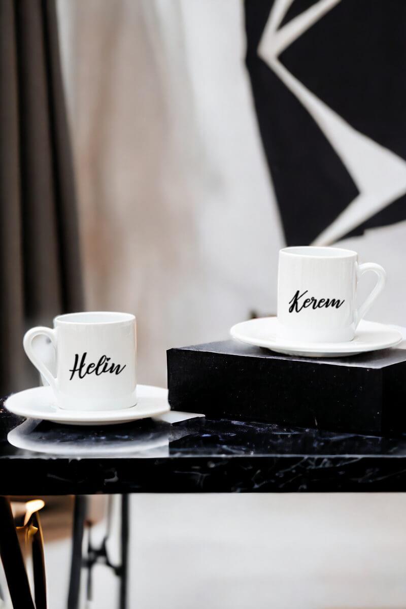 Çiftlere Özel İsimli İkili Beyaz Türk Kahvesi Fincanı