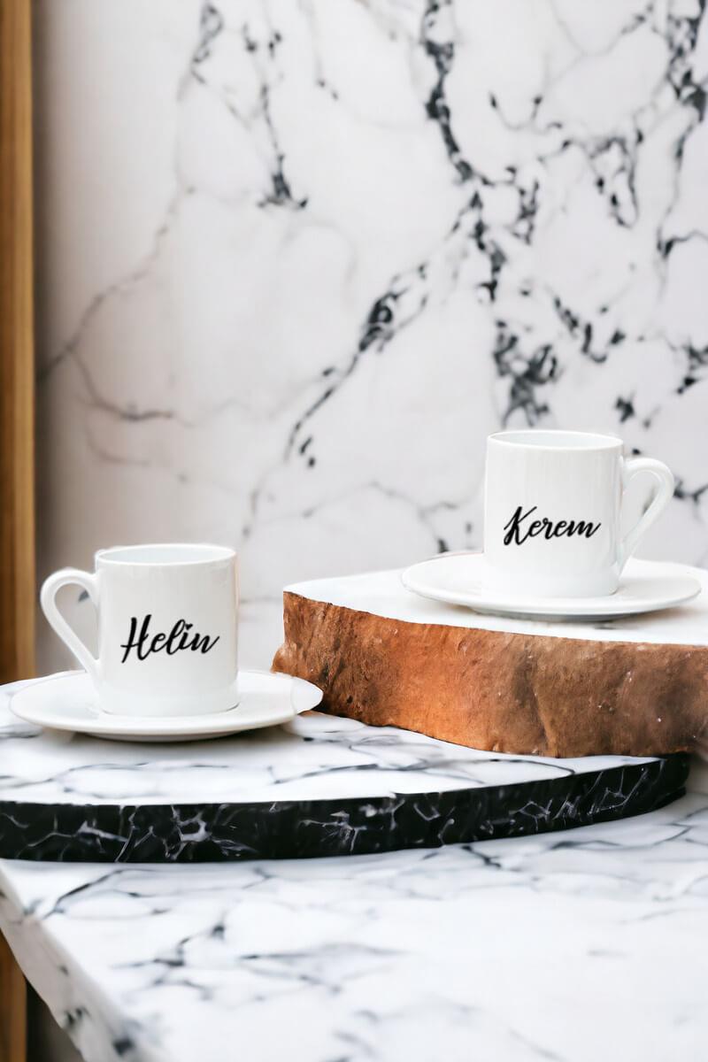 Çiftlere Özel İsimli İkili Beyaz Türk Kahvesi Fincanı