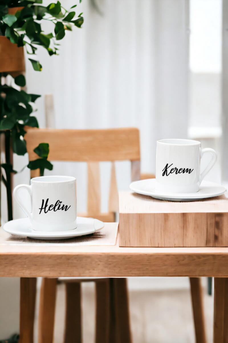 Çiftlere Özel İsimli İkili Beyaz Türk Kahvesi Fincanı