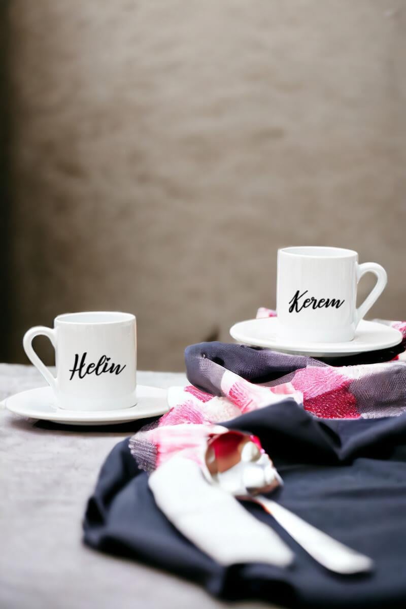 Çiftlere Özel İsimli İkili Beyaz Türk Kahvesi Fincanı