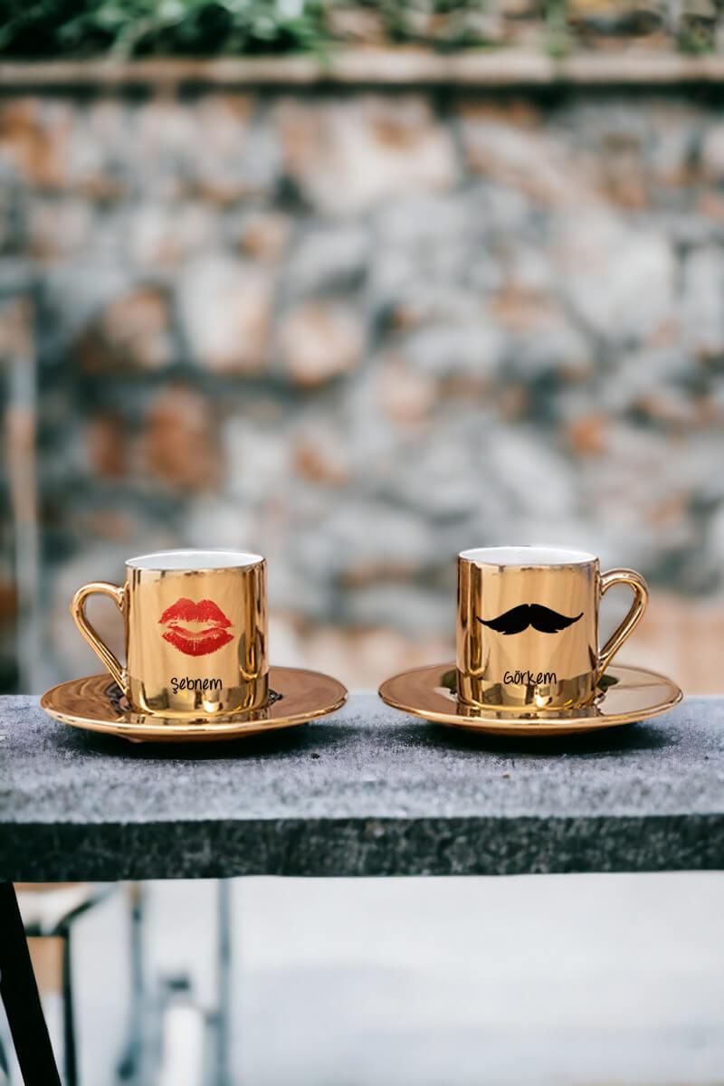 Çiftlere Özel İsimli Porselen İkili Gold - Silver Türk Kahvesi Fincanı
