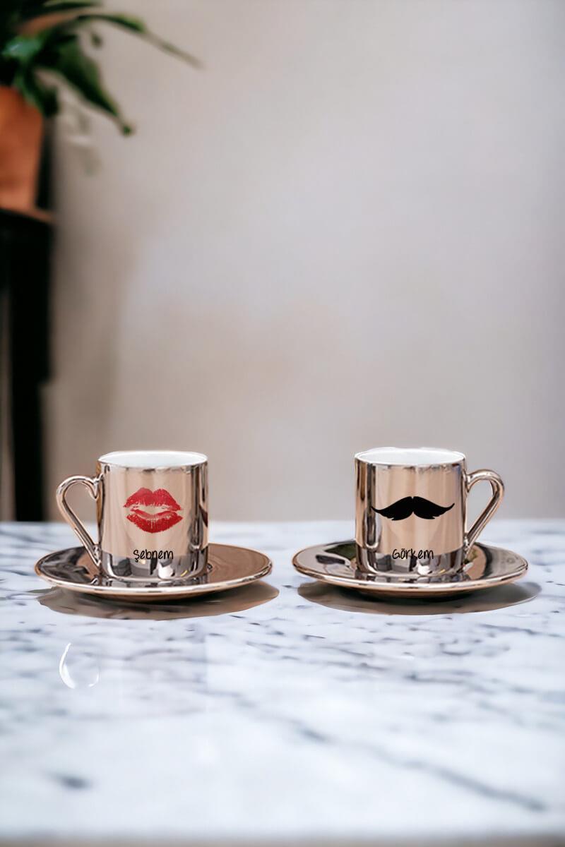 Çiftlere Özel İsimli Porselen İkili Gold - Silver Türk Kahvesi Fincanı