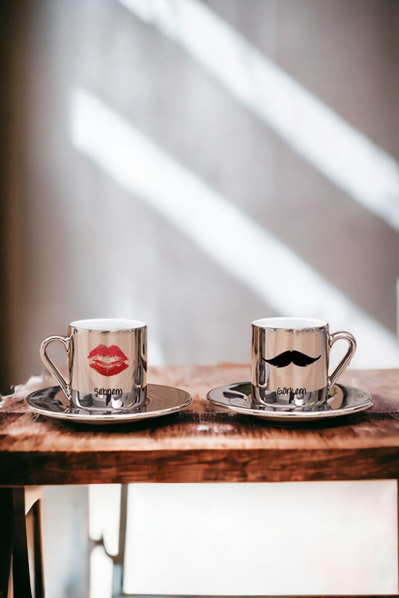 Çiftlere Özel İsimli Porselen İkili Gold - Silver Türk Kahvesi Fincanı