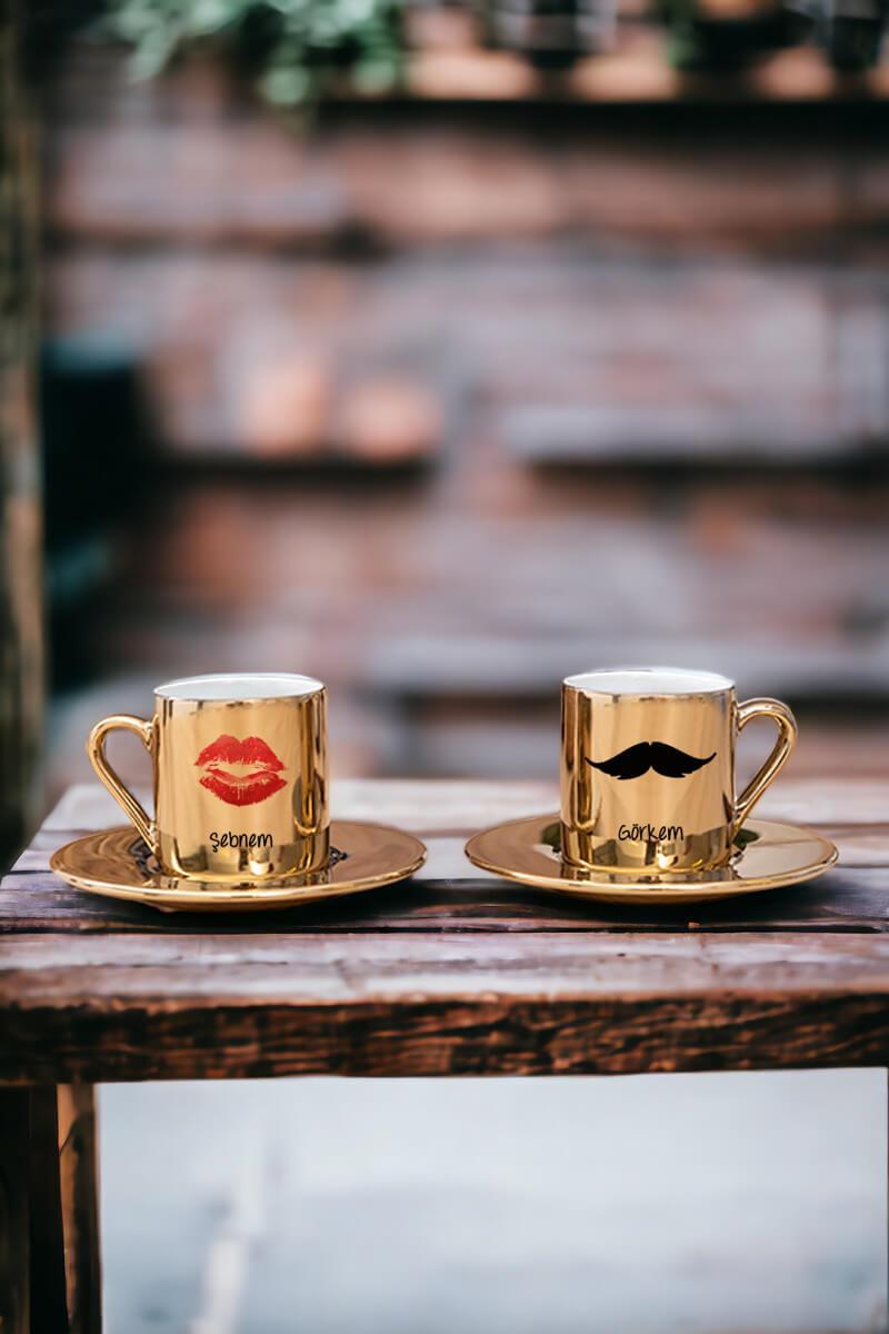 Çiftlere Özel İsimli Porselen İkili Gold - Silver Türk Kahvesi Fincanı