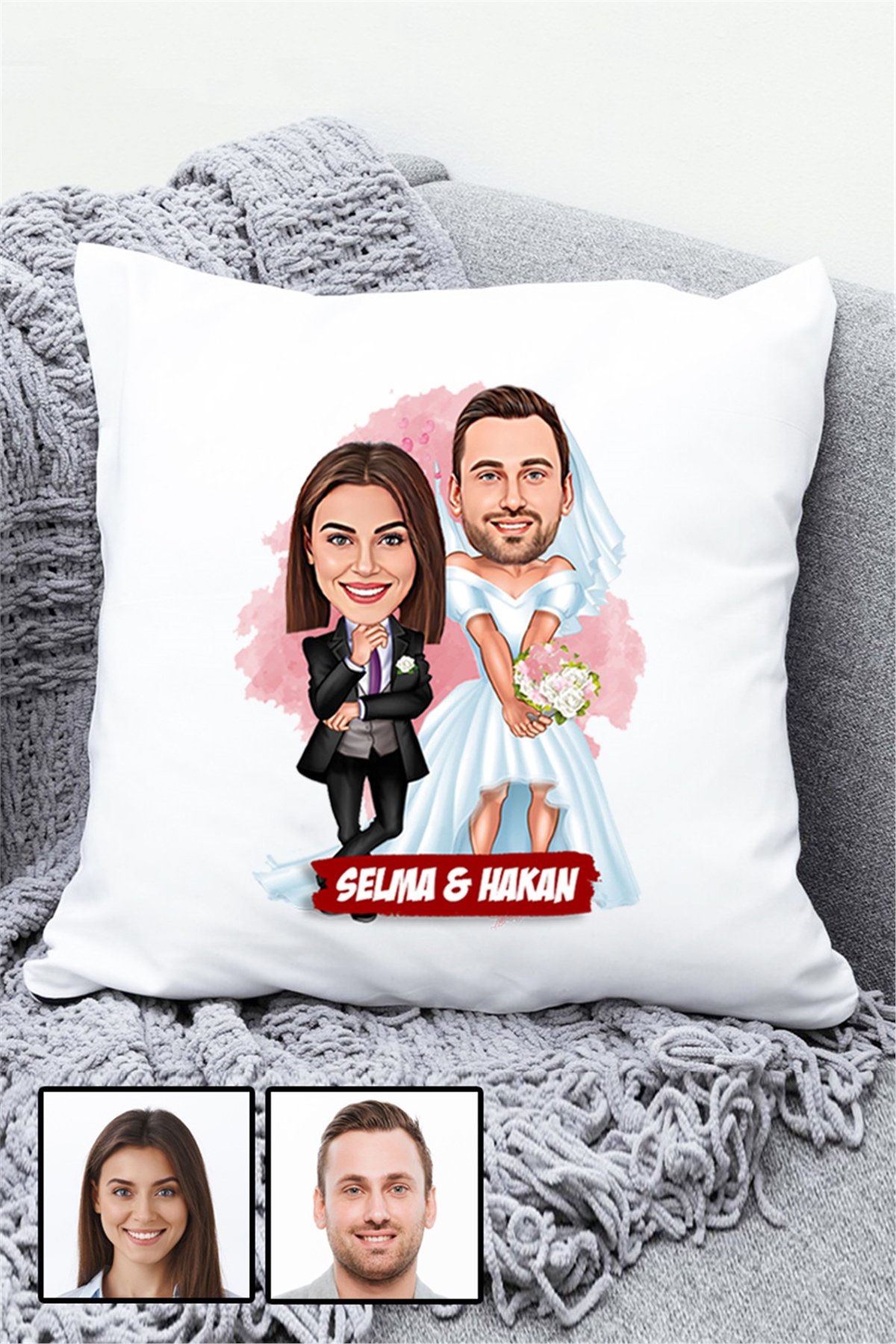 Çiftlere Özel Komik Hediye Gelin Damat Karikatürlü Yastık