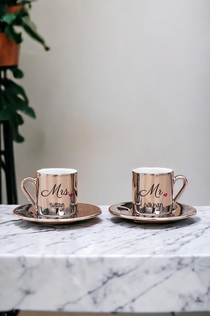 Çiftlere Özel Porselen İkili Gold - Silver Türk Kahvesi Fincanı