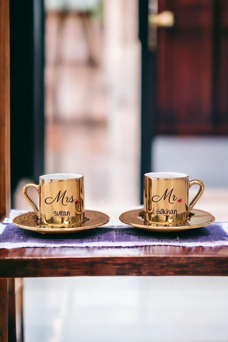 Çiftlere Özel Porselen İkili Gold - Silver Türk Kahvesi Fincanı
