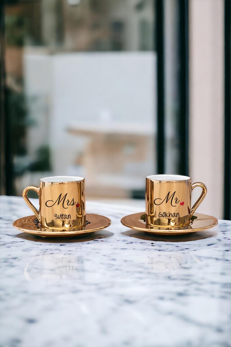 Çiftlere Özel Porselen İkili Gold - Silver Türk Kahvesi Fincanı