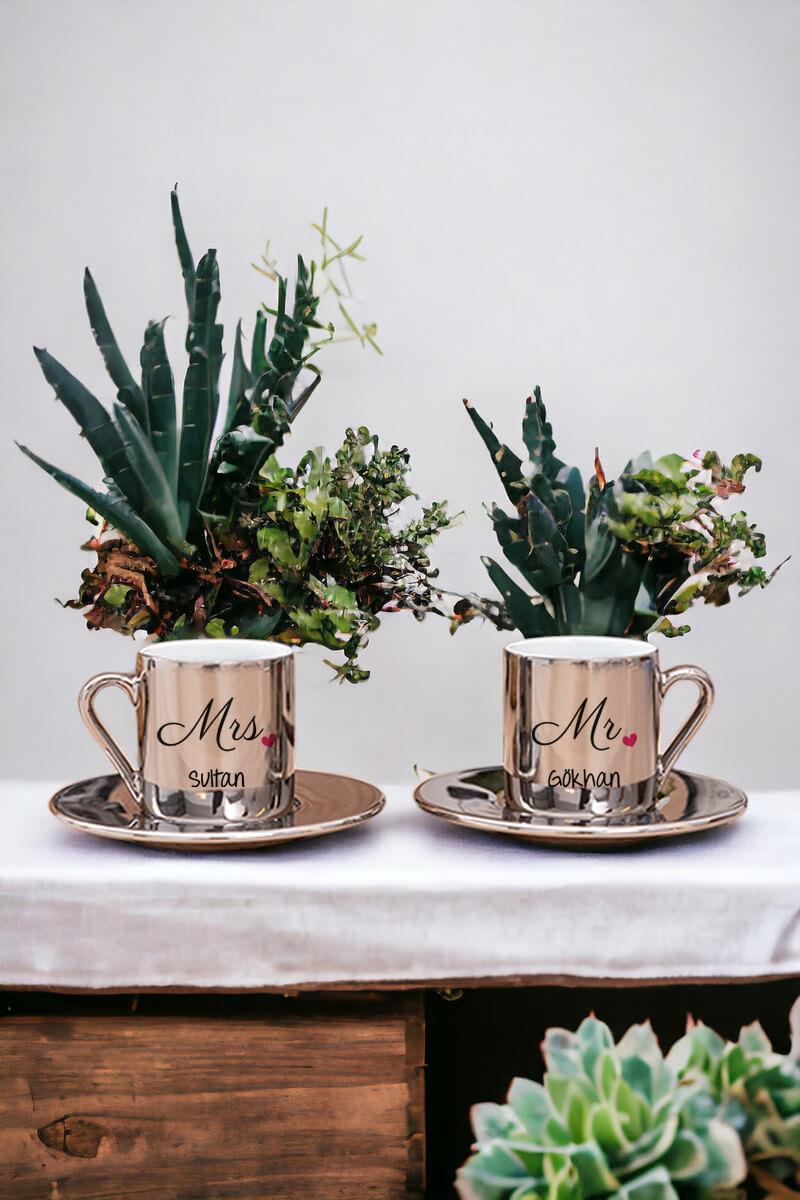 Çiftlere Özel Porselen İkili Gold - Silver Türk Kahvesi Fincanı