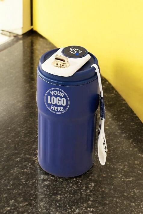 Dijital Sıcaklık Göstergeli ve İpli Promosyon Lacivert Çelik Termos Bardak