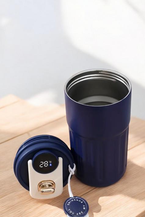 Dijital Sıcaklık Göstergeli ve İpli Promosyon Lacivert Çelik Termos Bardak