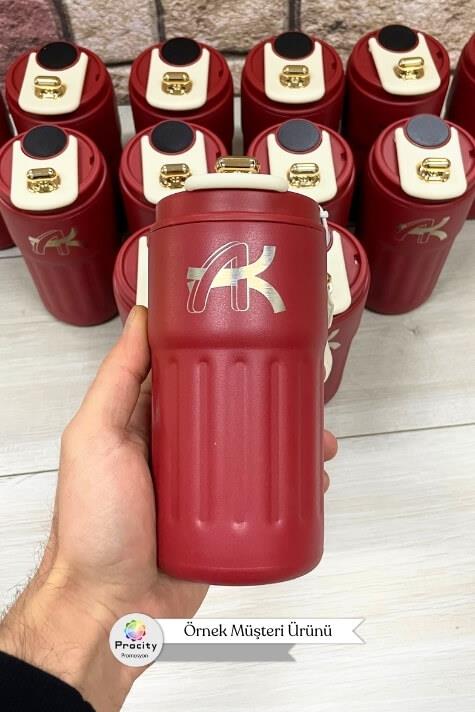 Dijital Sıcaklık Göstergeli ve İpli Promosyon Kırmızı Çelik Termos Bardak 8866-EMR