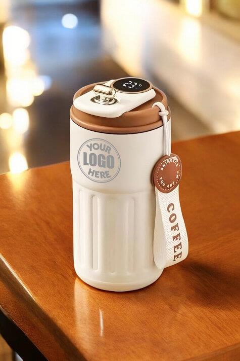 Dijital Sıcaklık Göstergeli ve İpli Promosyon Krem Çelik Termos Bardak