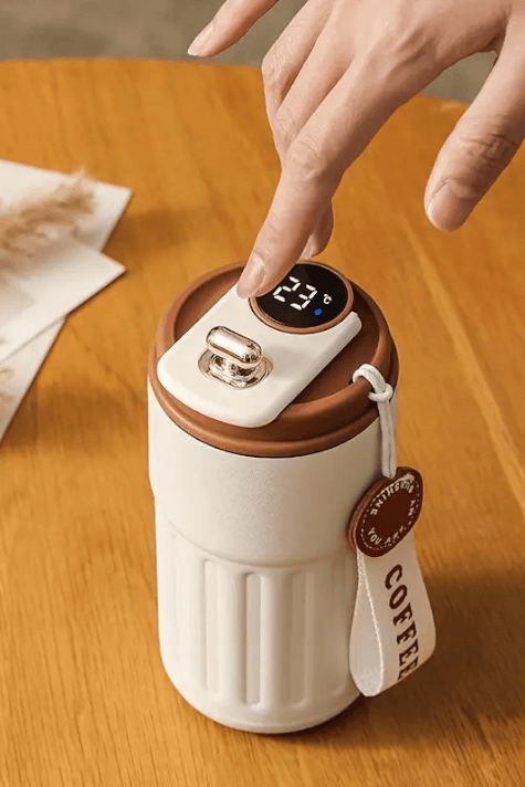 Dijital Sıcaklık Göstergeli ve İpli Promosyon Krem Çelik Termos Bardak