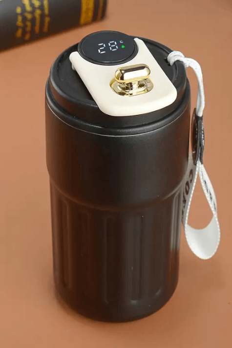 Dijital Sıcaklık Göstergeli ve İpli Promosyon Siyah Çelik Termos Bardak