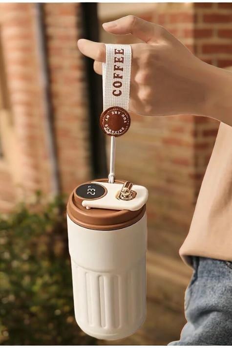 Dijital Sıcaklık Göstergeli ve İpli Promosyon Krem Çelik Termos Bardak