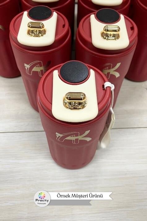 Dijital Sıcaklık Göstergeli ve İpli Promosyon Kırmızı Çelik Termos Bardak 8866-EMR