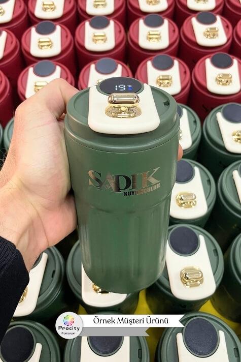 Dijital Sıcaklık Göstergeli ve İpli Promosyon Yeşil Çelik Termos Bardak 8866-EMR