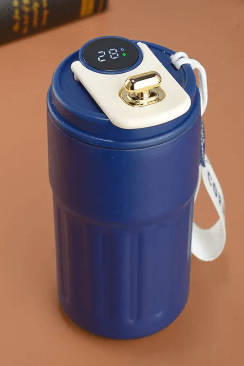 Dijital Sıcaklık Göstergeli ve İpli Promosyon Lacivert Çelik Termos Bardak